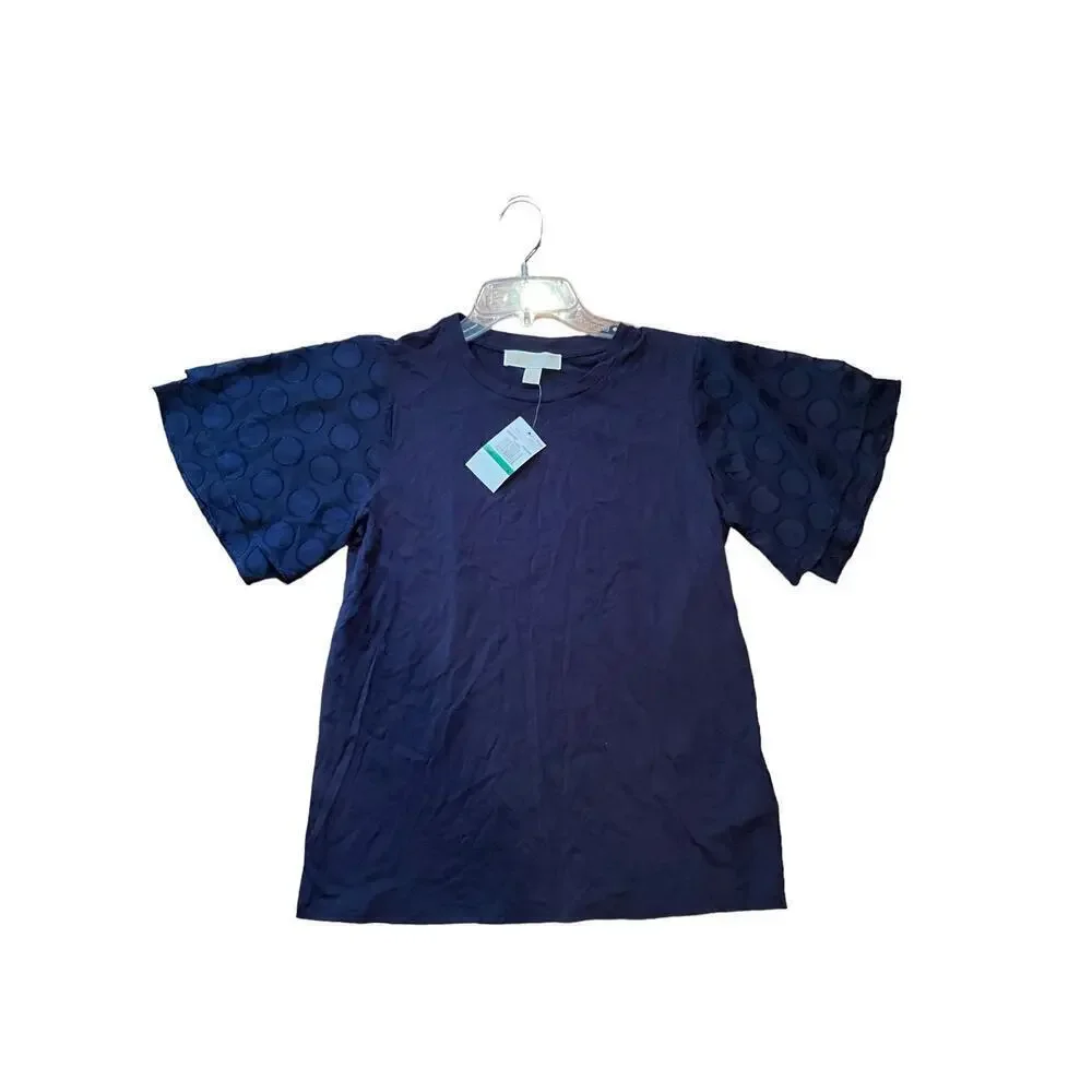 Michael Kors Blouse Top‎ Women SZ L Blue Polka Dot Ruffle Short Sleeve Crew Neck